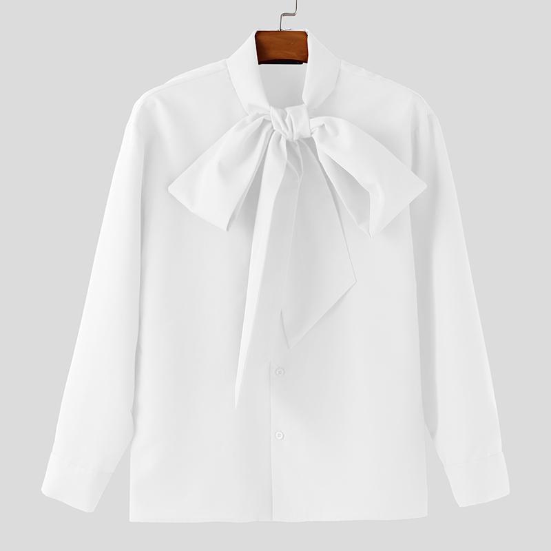 INCERUN Oversized Men Bow Knot Neck Long Sleeve Casual Loose Elegant Shirts