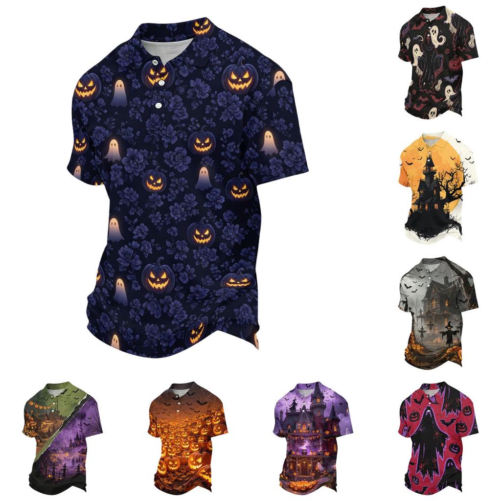 Men's Halloween Print Vintage Texture Short Sleeve Polo Shirt Loose Breathable Summer Sports Street Casual Daily Wear Top