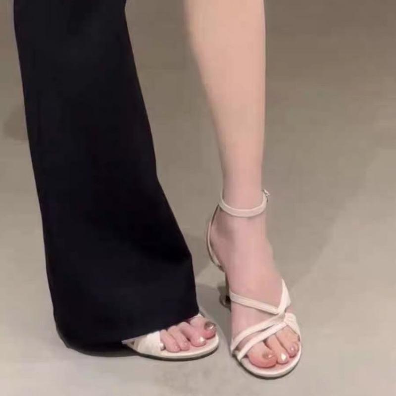 Summer Stiletto Sandals Women Fashion Round Head Open Toe Cross Thin Metal Buckle Non-slip Wear-resistant High Heels