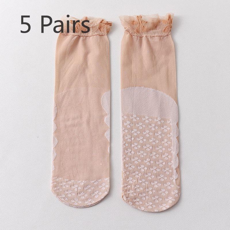 

5 пар кружевных женских кружевных носков для беременных с широким вырезом, ультратонкие дышащие и нескользящие хлопковые подошвы, короткие шелковые носки с защитой от зацепок 5 pairs