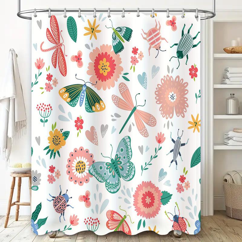 Colorful Garden Shower Curtain Bathroom Decor featuring Butterflies Bugs Waterproof Fabric Hooks Included (White)