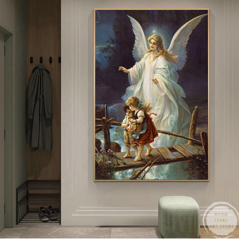 Vintage Guardian Angel with Children Canvas Painting Prints and Posters Wall Art Picture for Home Children Room Decor Cuadros