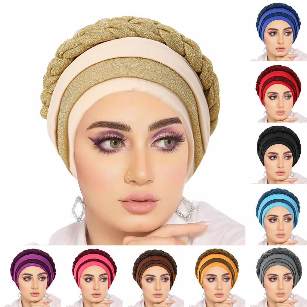 Glitter Pleated Turban Cap for Women Head Wraps Muslim Headscarf Hat Turbante Mujer African Headpiece