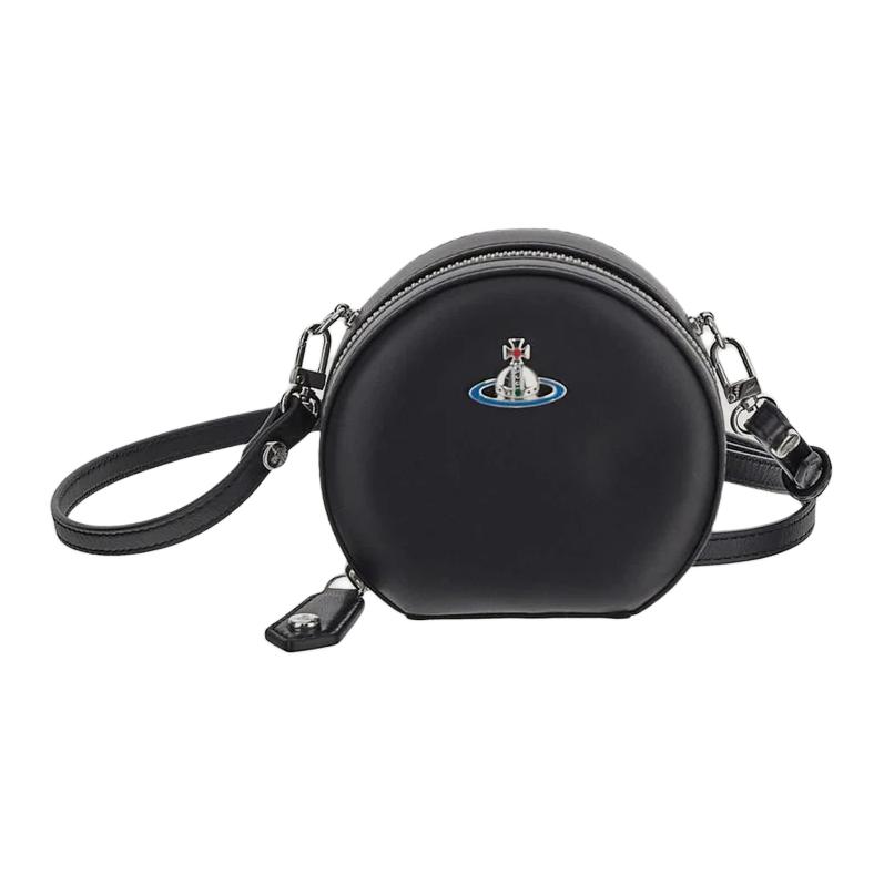 Vivienne Westwood Solid Color Front Logo Zipper Lambskin Small Round Shoulder Crossbody Bag Women bags Black 4303010QUL001LN403