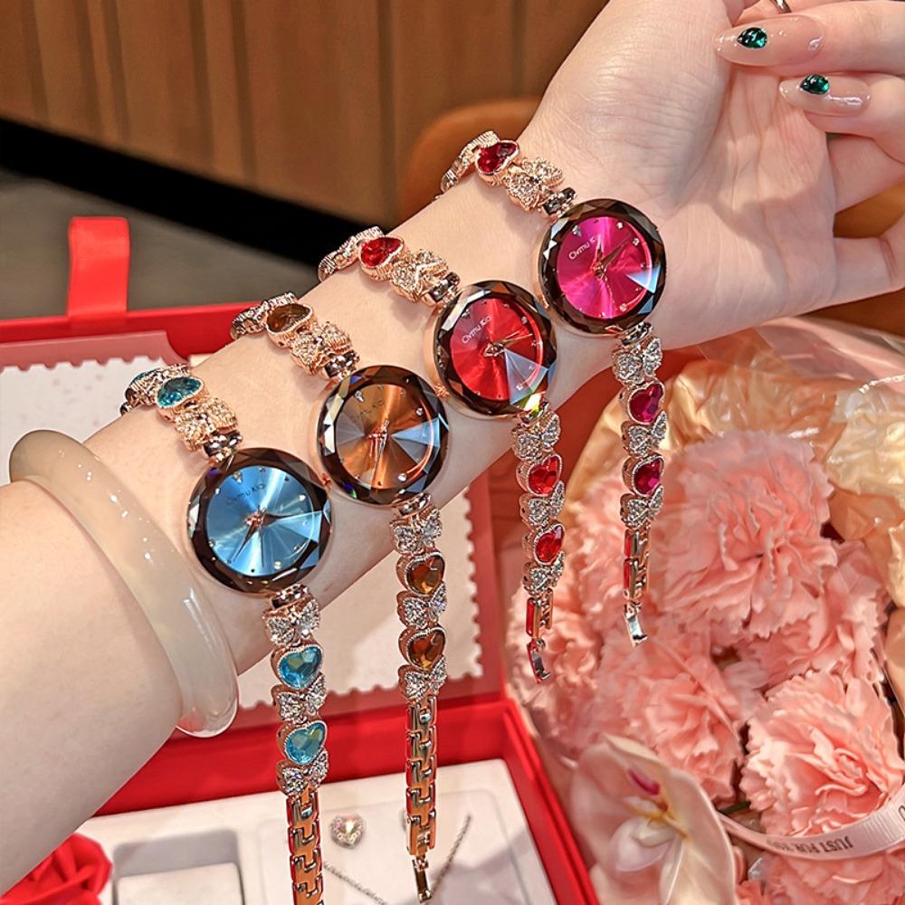 Cimiu Kiai Montre à Quartz Ronde Facettée pour Dames Bracelet Cœur Strassé Nœud Cristal Incrusté Élégante Montre-Bracelet de Soirée de Luxe Cadeau pour Femmes