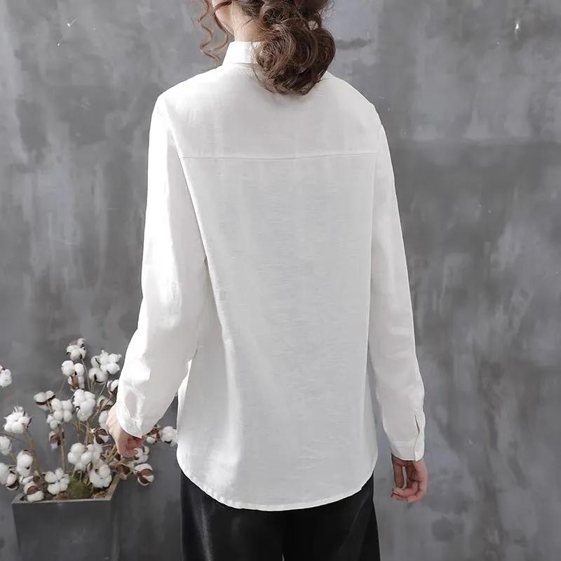 Damen Unregelmäßiger Farbabgleich Bedrucktes Baumwoll- und Leinenhemd Langärmeliges Weißes Hemd