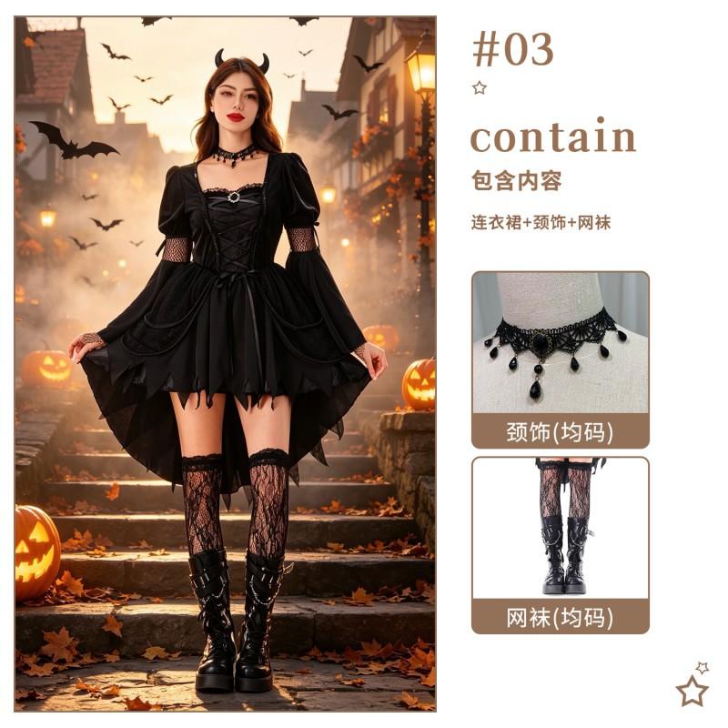 Gothic Witch Costume Women Halloween Party Dress With Hat Accessories Stage Performance Outfit
