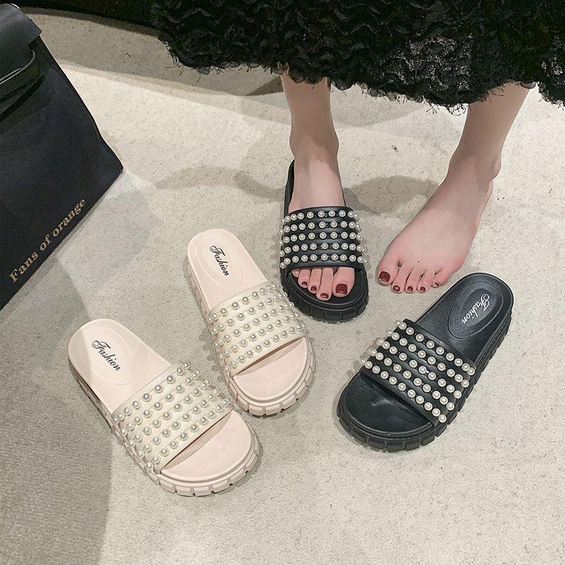 High heel pearl thick bottom one-word drag 2025 autumn and summer new Korean version versatile fashion muffin cool slippers women's wear