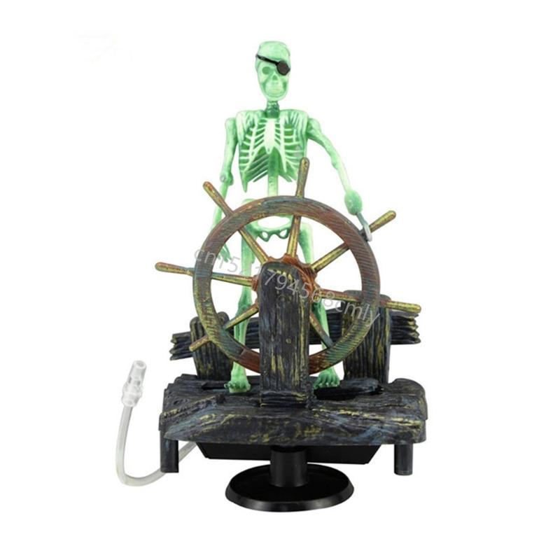 Aquarium Resin Skull Decorations with Air Hose Small Pirate Captain Skeleton for Fish Tanks Aquatic Pet Supplies 6XDE