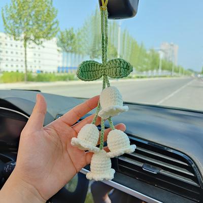 Handmade Cute Car Mirror Hanging Lily Of The Valley Flower Interior Rear View Mirror Flower Car Accessories Crochet Toy