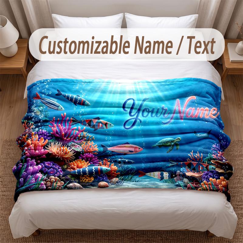 Fish Ocean Theme Soft Blanket Personalized Custom Name Text Print Warm Blanket Home Sofa Bedroom Decor