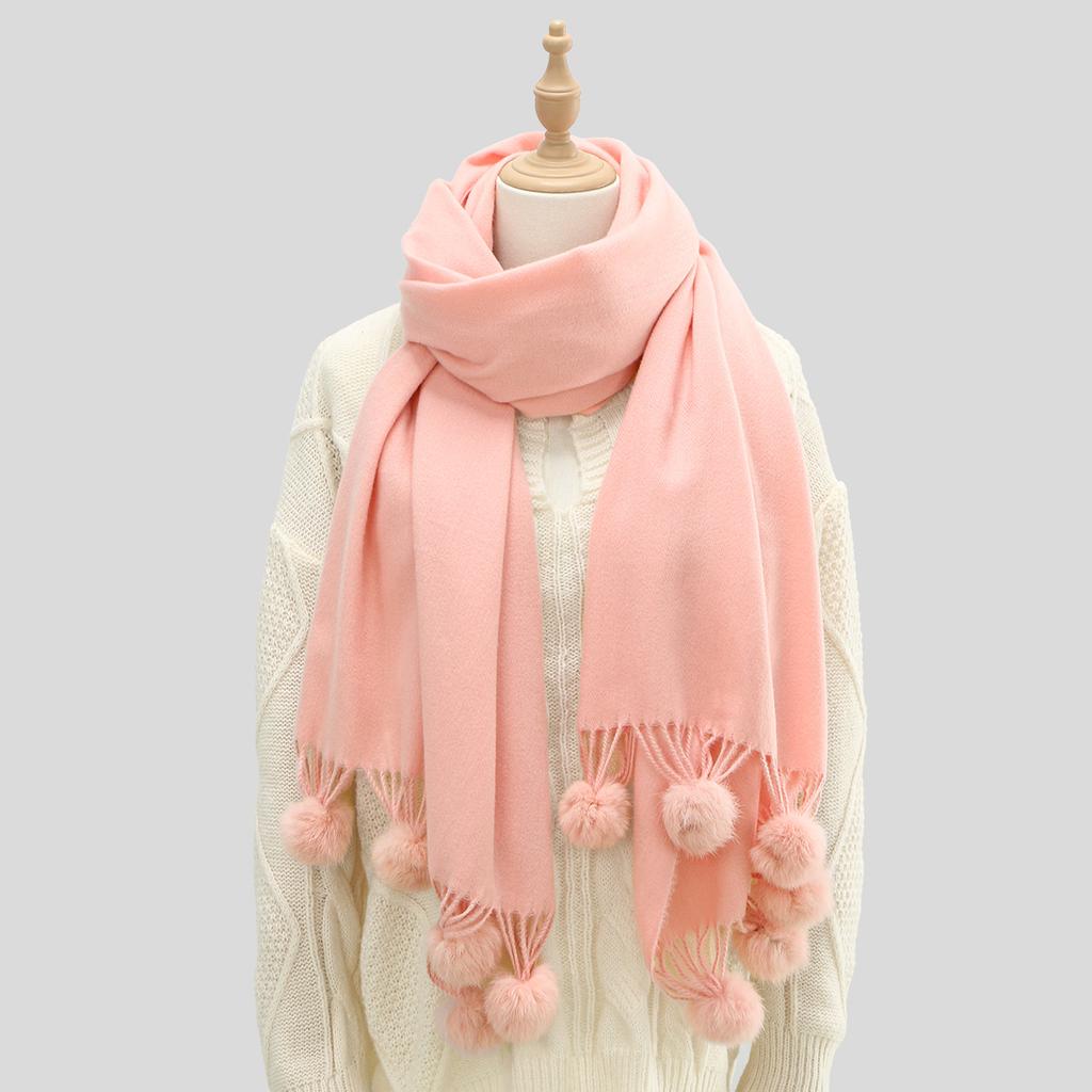 Winter Extended Extra Thick Solid Color Scarfs For Women Muffler With Lovely Hairball Tassel Outdoor Insulation And Warm