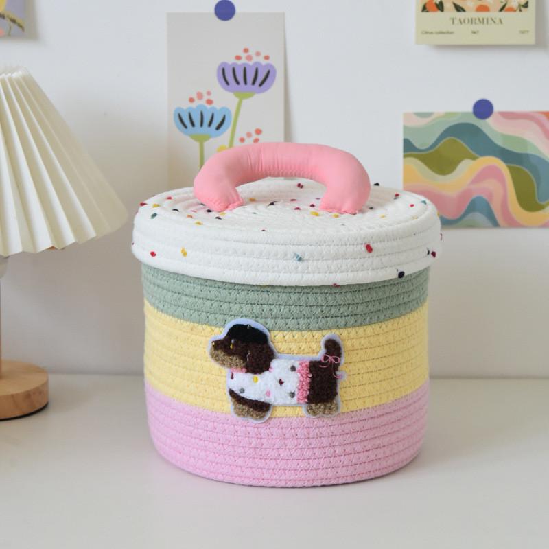 Cotton Woven Storage Basket With Colorful Dot Pattern For Dorm Room And Home Decor