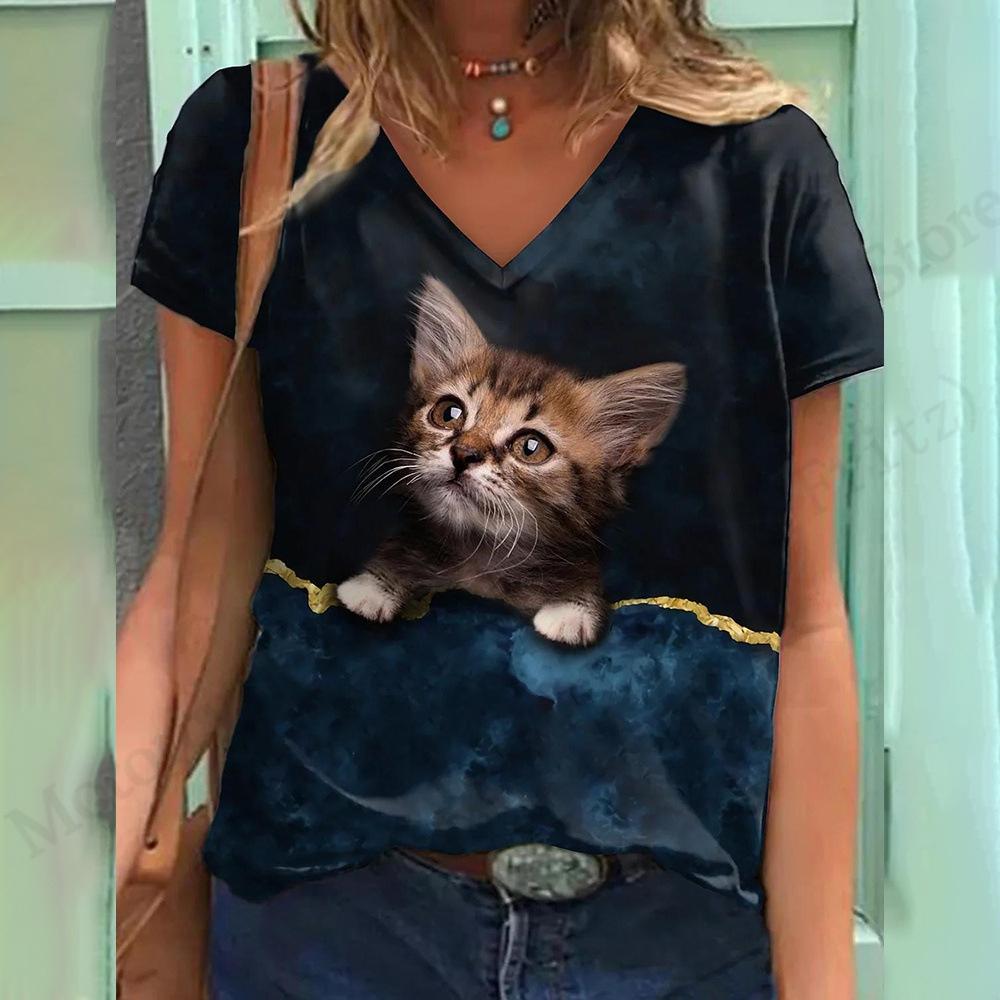 Summer V-neck 3D Cat Pattern Printed Top Fashionable Casual Short Sleeved Women's T-shirts