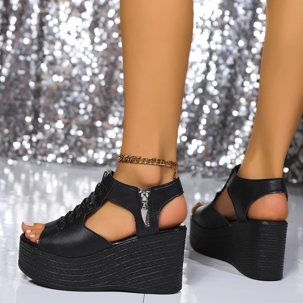 Casual Wedges High Heel Rubber Sandals for Women 2024 New Hot Sale Summer Wedges Ladies Shoes Solid Zipper Pu Women's Sandals