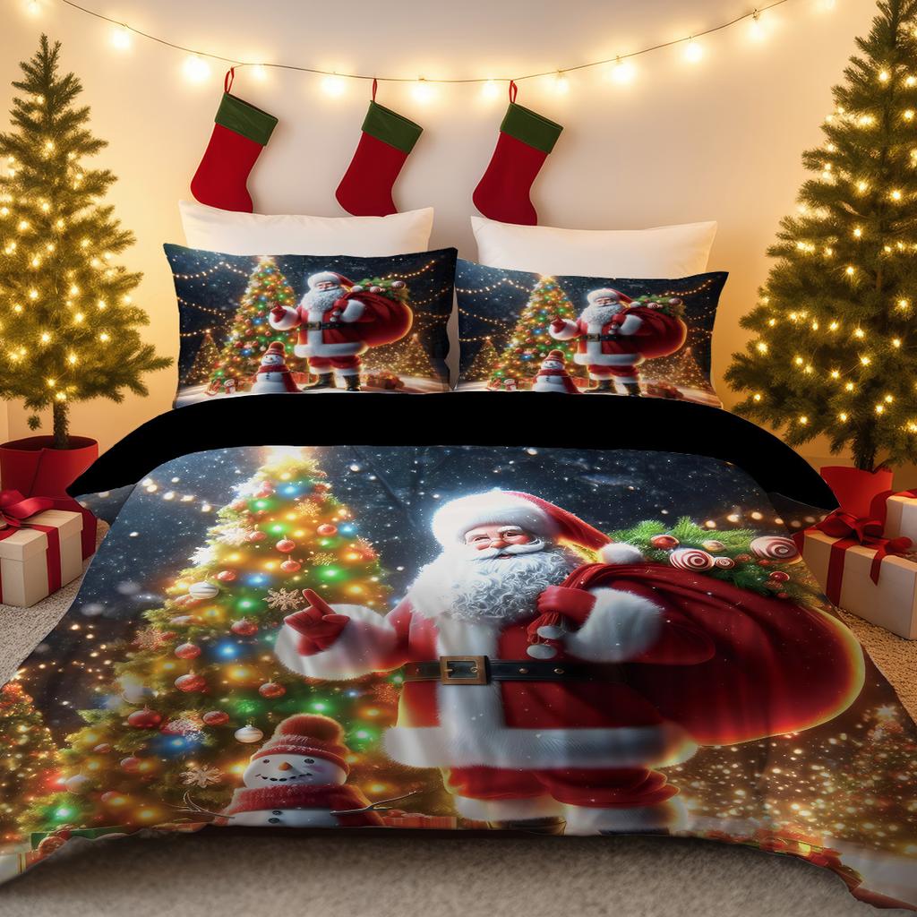 Husă de plapumă din trei piese Lenjerie de pat de Crăciun Față de pernă cu Moș Crăciun Husă de plapumă