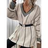 Women's Autumn and Winter Vertical Print Casual Loose Knit V-neck Sweater