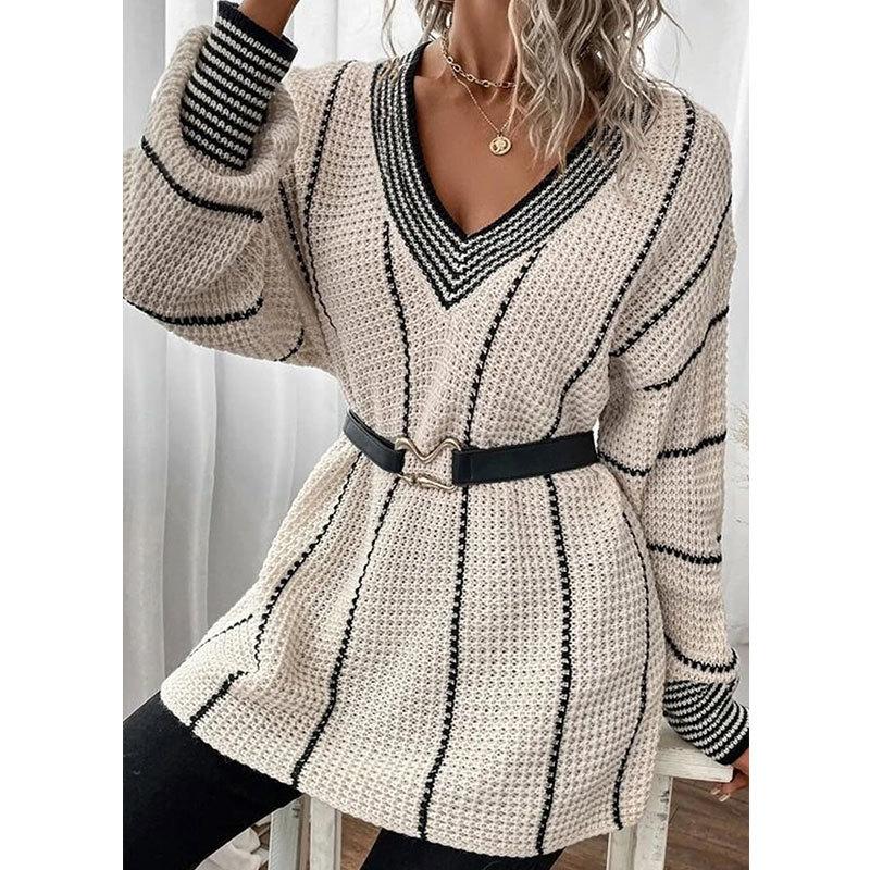 Women's Autumn and Winter Vertical Print Casual Loose Knit V-neck Sweater