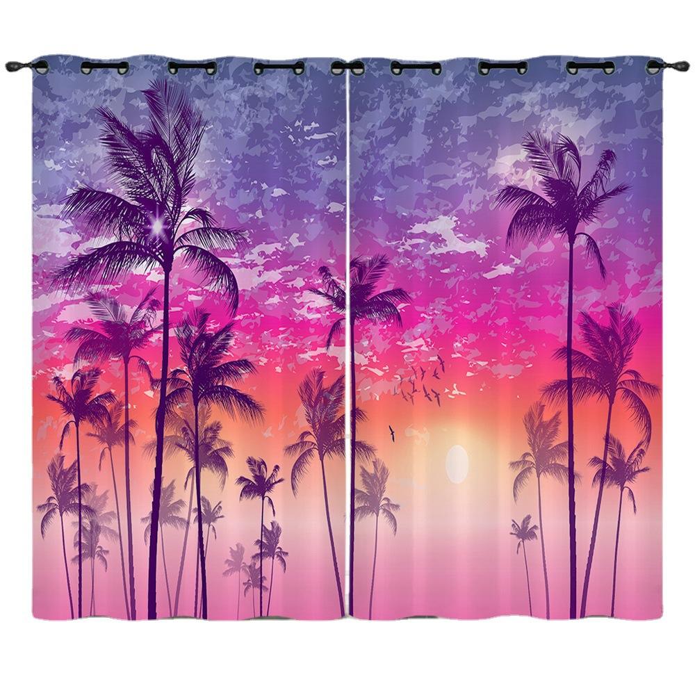 Curtain Summer Coconut Tree Sunset Landscape 3D Digital Printing Blackout Curtain Punching