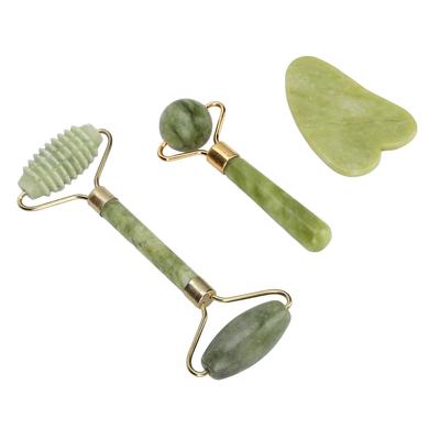 3 Stück Jadestein Gesichtsroller Tragbar Hautstraffung Festigend Beauty Gua Sha Brett Gesichtsmassageroller Set