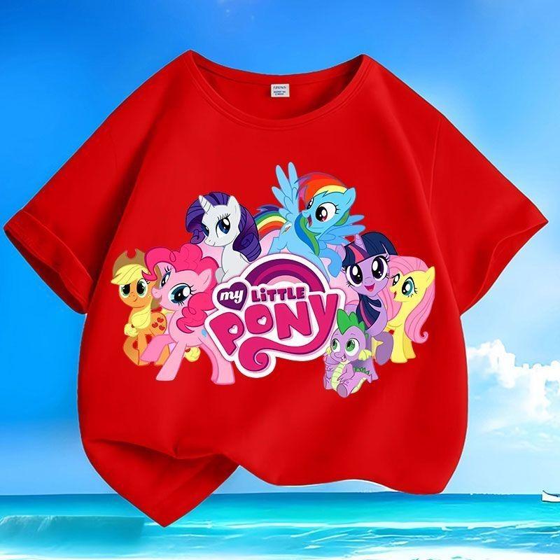 Горячая Распродажа Детская Футболка Little Pony Милый Мультяшный Круглый Вырез Свободная Модная Повседневная С Коротким Рукавом Подходит для Мальчиков и Девочек 160 pink