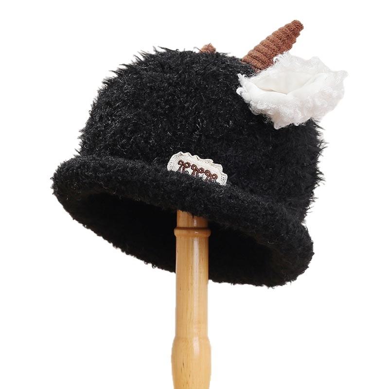 Sweet and Cute Plush Lamb Ears Knitted Bucket Hat Winter Outdoor Cold and Warm Ear Protection Pullover Hat Children