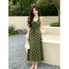 Retro Design French Dress Summer 2026 Korean Version Plaid New Temperament Waist Green Slim Dress