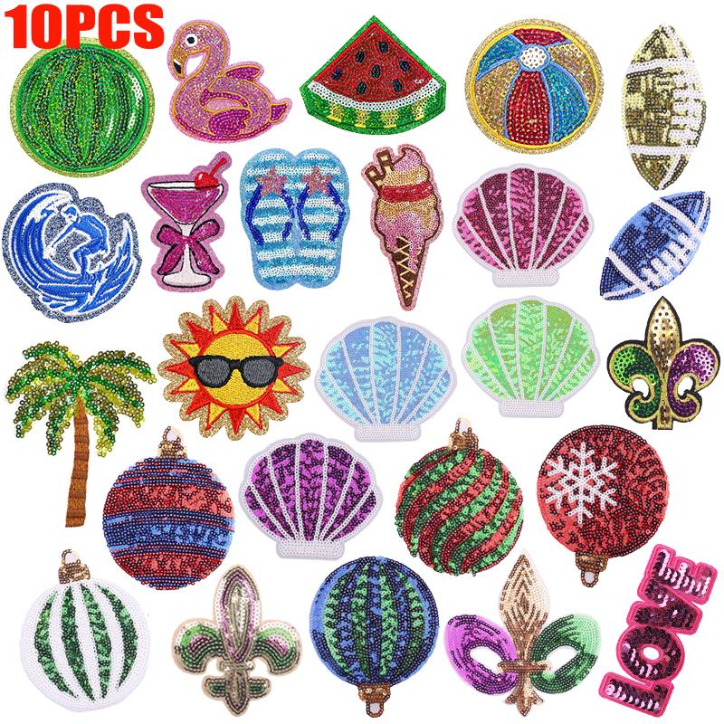 10pcs Cartoon Sequins Watermelon Fruit Drink Embroidered Patches Shells Coconut Trees Patch Clothes Decoration Sew Applique Diy