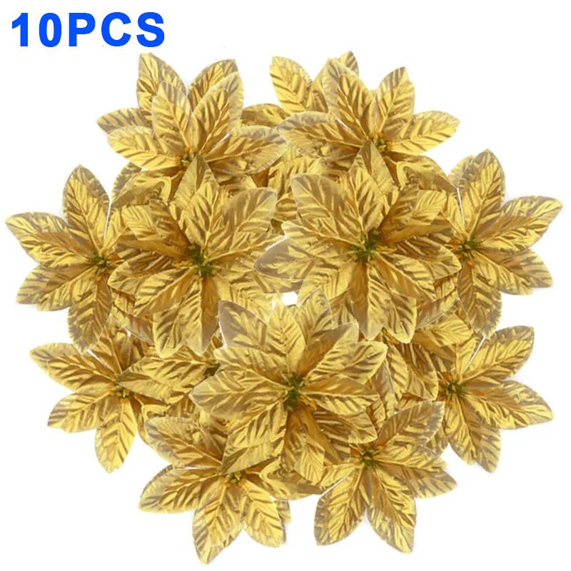 10/1PCS Christmas Poinsettia Flowers Artificial Red Rose Heads Flower Xmas Tree Ornaments For Home Navidad New Year Decoration