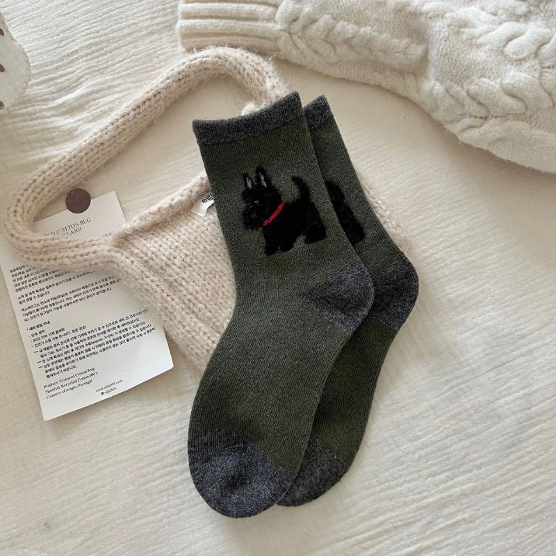 Spring and Autumn Fluffy Puppy Cartoon Mid-calf Socks, Cute Style, Flocked School Style, Color-blocked Pile Socks