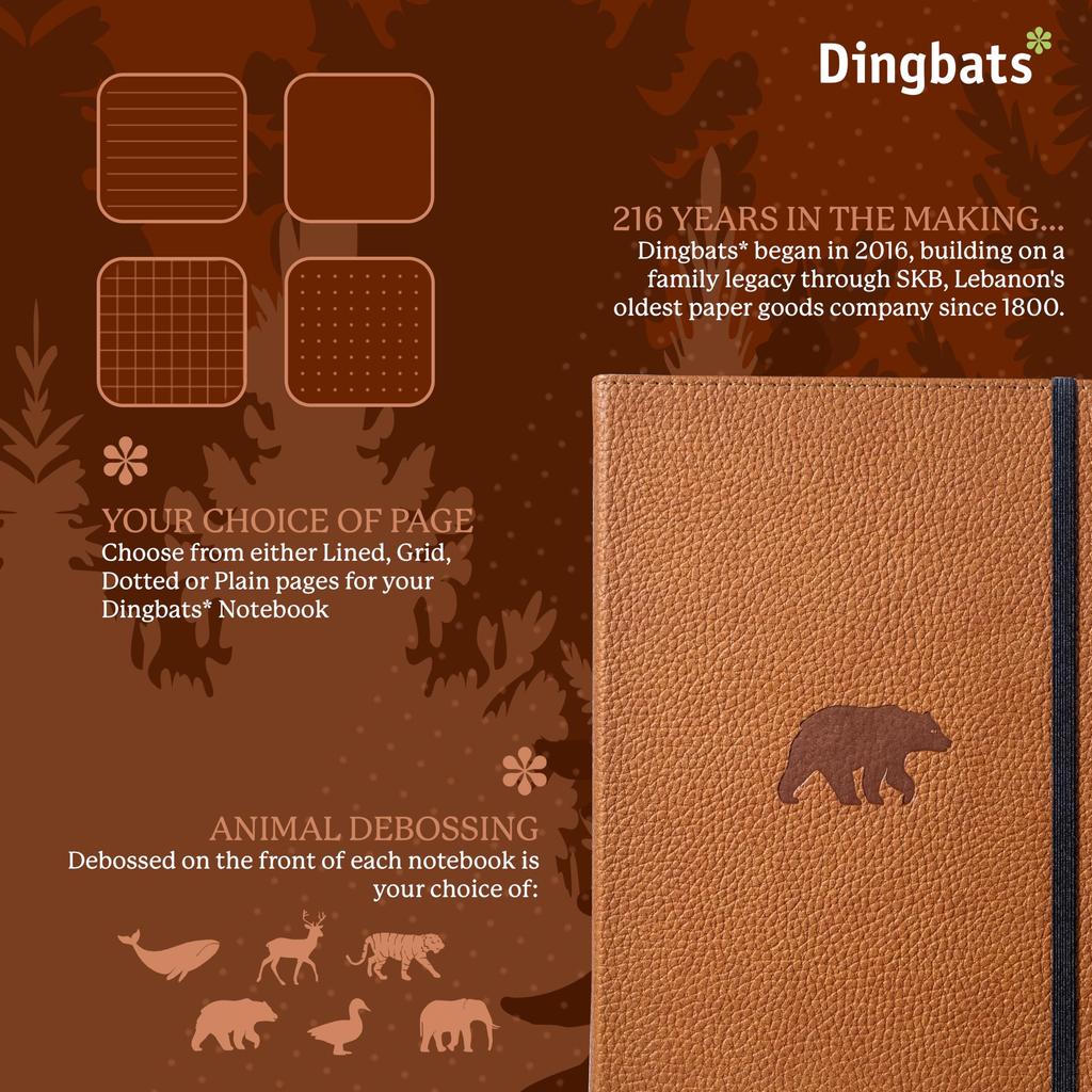 Wildlife Blank Medium Brown A5 Hardcover Notebook Cream 100gsm Paper Pocket Bookmark Included Dingbats - Notebook, Bear, - - Perforated,