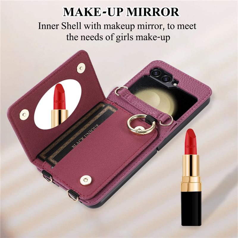 Husă pentru telefon cu suport din piele pentru Samsung Galzxy Z Flip 5 4 3 Husă pentru carte de portofel cu inele Flip5 Flip4 Flip3 Geantă cu șnur