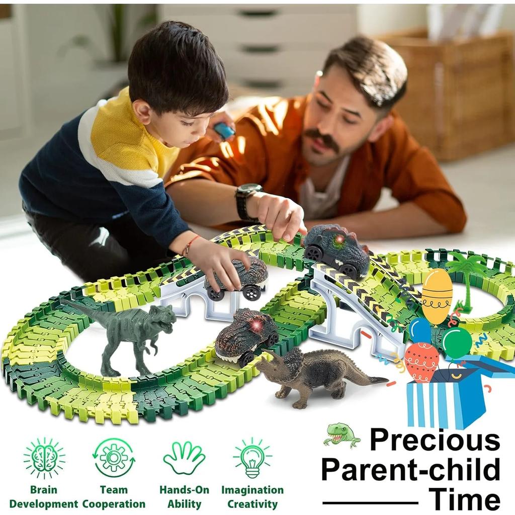 Dinosaur Toys Create A Dinosaur World Road Race Flexible Track Playset and 2PCS Cool Dinosaur Car for Boy Girls Christmas Gift
