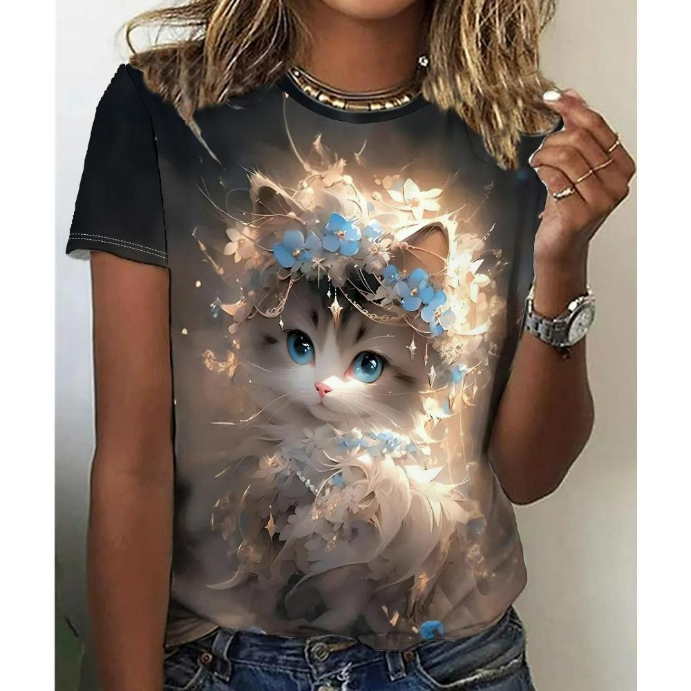 Sommer Mode Cartoon Tier Katze 3D Druck T-Shirts Damen Streetwear Lässig Kurzarm Rundhals Große Größen T-Shirts Oberteile Kleidung