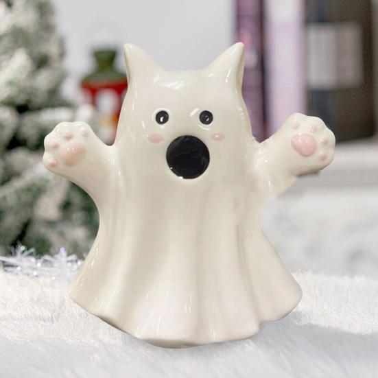 Halloween Ghost Ornaments Cute Ghost Cat Pumpkin Sculpture Spooky Resin Home Decor Desktop Figurine for Indoor Outdoor Display