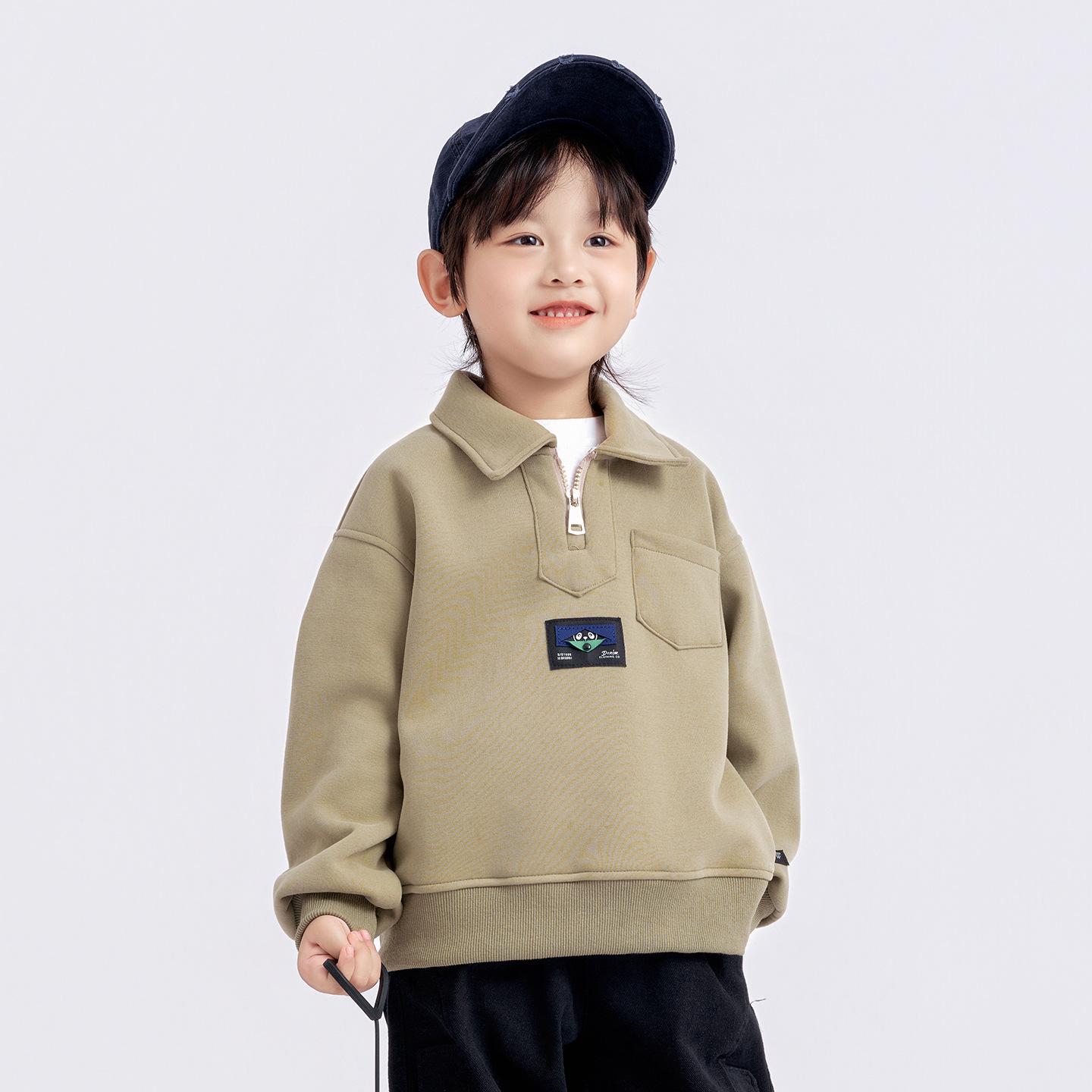 

Boys Turn-Down Collar Sweatshirt - 2025 Spring/Autumn Fashion, Long-Sleeved Pullover for Children 150 зеленые хаки