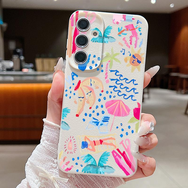 Cartoon Vacation Painting Case For Samsung Galaxy A57 A37 A17 A56 A36 A26 A16 A55 A35 A15 A54 A34 A14 5G Leather Texture Silicone Cover