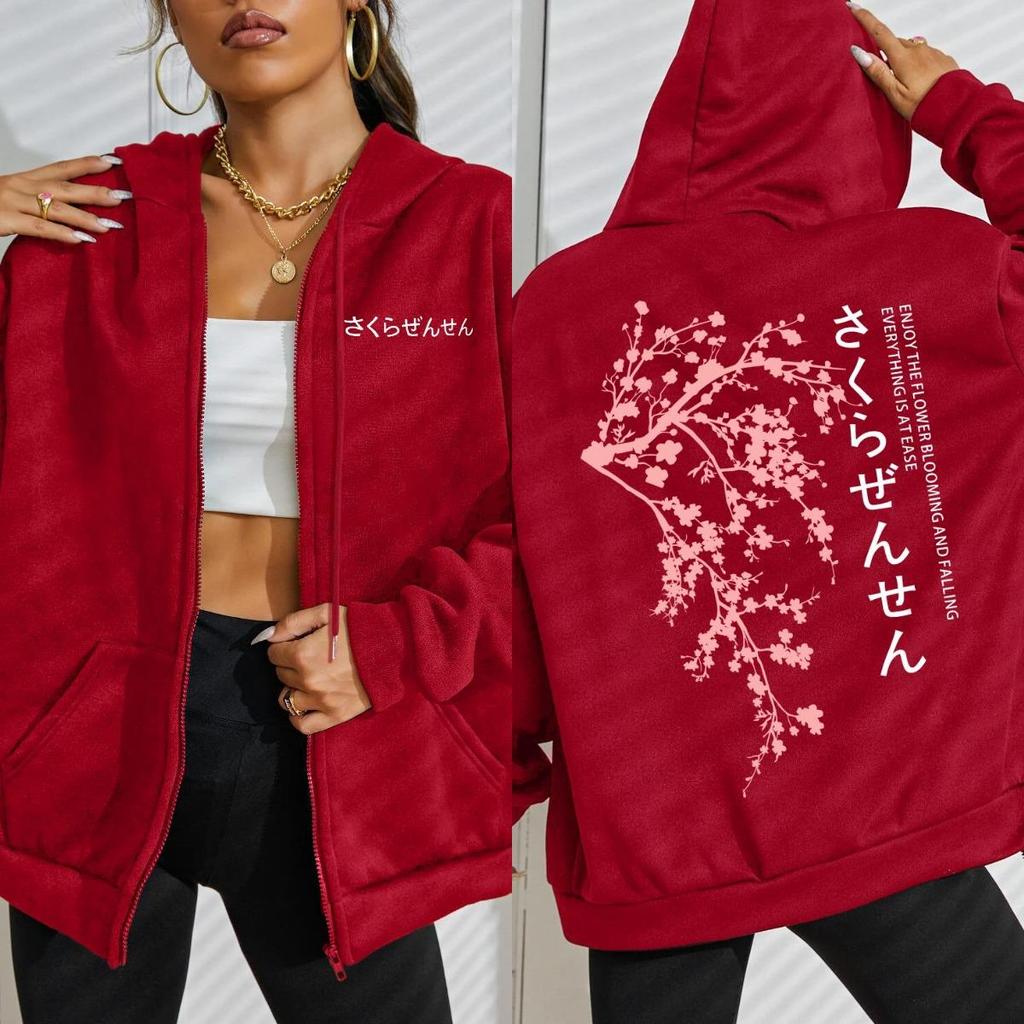 Japan Cherry Blossom Creative Letter Print Women Zipper Hoody Harajuku Loose Hoodie Fashion Fleece Streetwear Retro Top