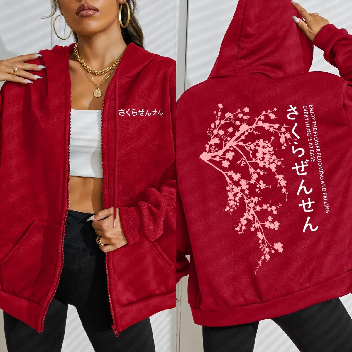 

Японская толстовка с капюшоном на молнии с креативным принтом письма Цвет сакуры , женская, Харадзюку, свободная, модная, флисовая, уличная одежда, ретро-топ S