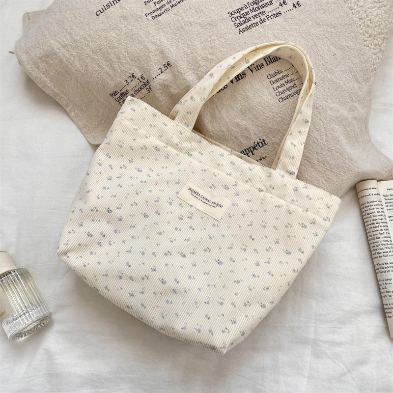 Corduroy Floral Handbag, Simple Tote Bag for Work, Lunch Bento Bag, Shopping Bag