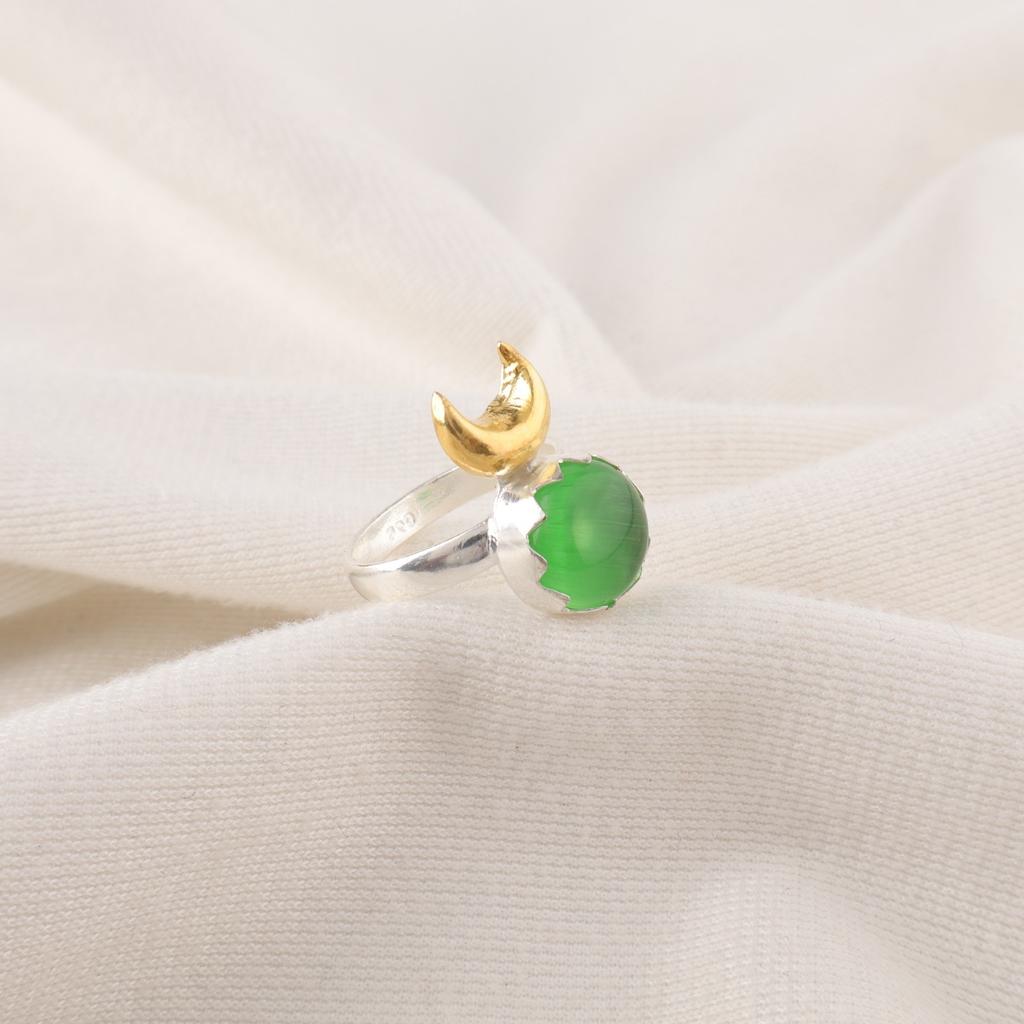 Round Natural Green Cat's Eye Sterling Silver Wedding Gift Statement Unique Ring RR-58-43