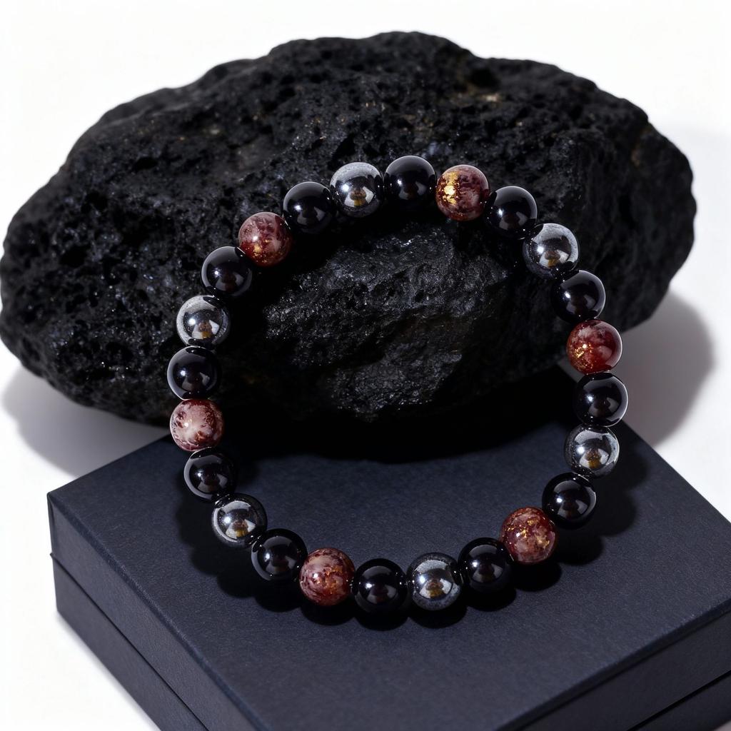 Festive Gifts Black Onyx Hematite Red Gold Flake Glass Beaded Bracelet Minimalist Fashion Jewelry For Men Women Daily Wear Gift