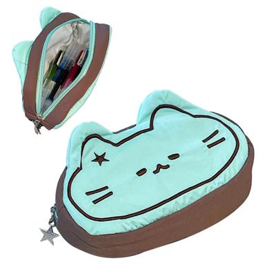 Document Bag Cartoon Cat Design Soft Plush Pencil Case Zipper Closure School Travel Makeup Brushes Pens Organizer