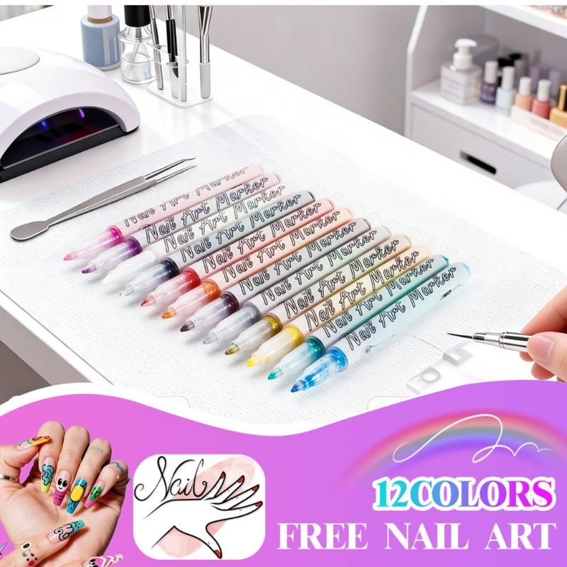 12 Color Quick Dry Nail Art Pens Fine Tip for Precise Drawing Not Require Lamp Water Based Safe for DIY Manicures
