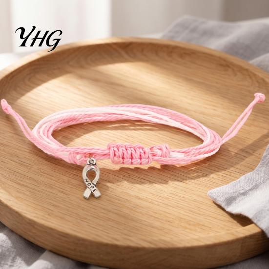 Breast Cancer Awareness Gifts Bracelet for Women, Adjustable Woven String with Handwoven Rope Wristband Ribbon Charm, Handmade Braided Survivor