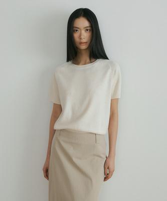 Lingseoul Wool Round Neck Half Sleeve Knit Top-Cream