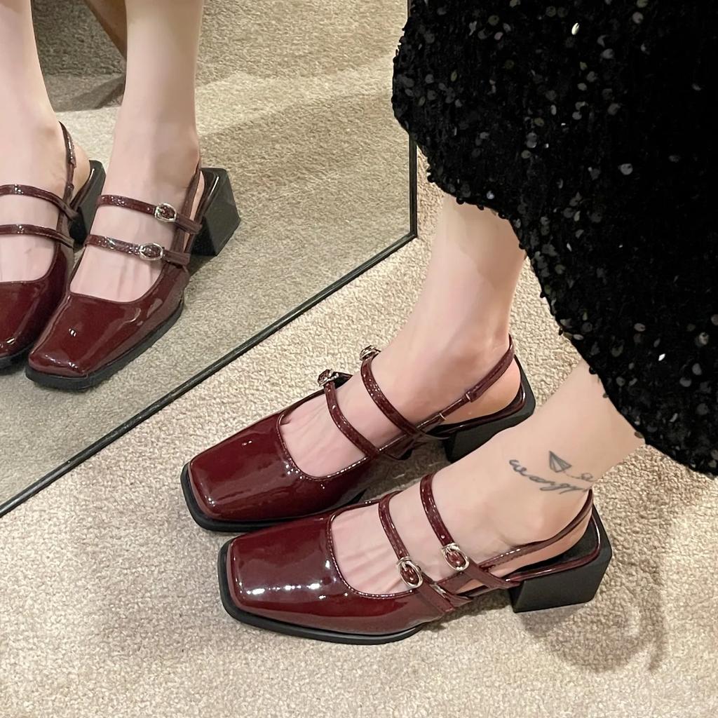 2024 Spring New Retro Small Leather Shoes Square Head Double Buckle Strap Mary Jane Thick Heels Sandals for Women