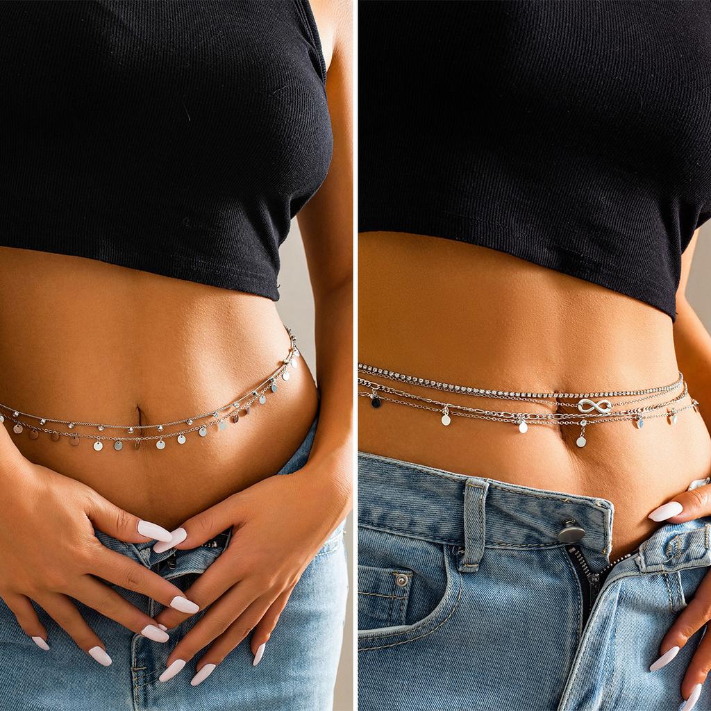Holiday Metal Sequined Multi-layer Waist Chain Women's, Simple Full Diamond Infinity Symbol Set Body Chain
