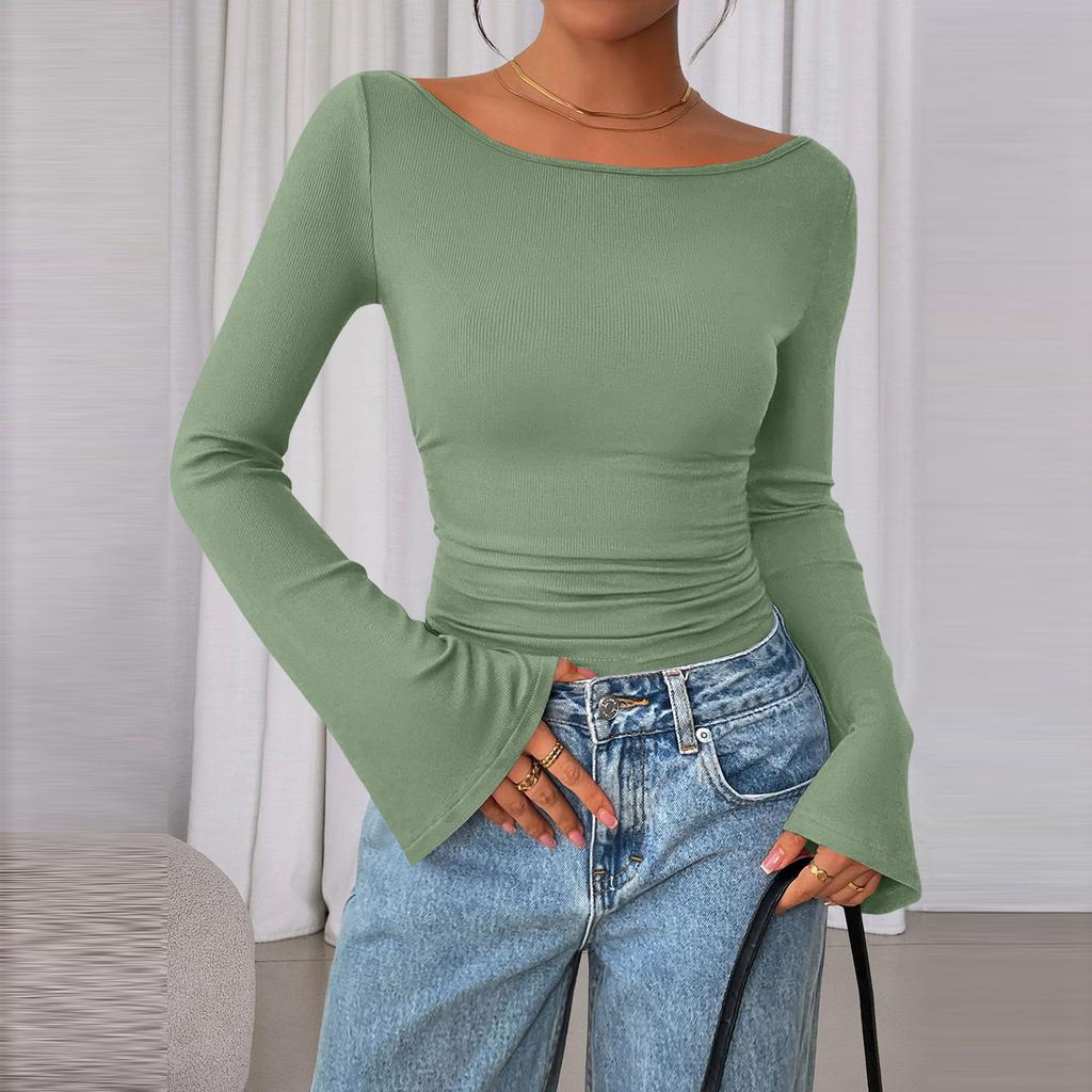 Women's Color Bell Sleeve Long Sleeve Top, Casual Blouse for Everyday Wear