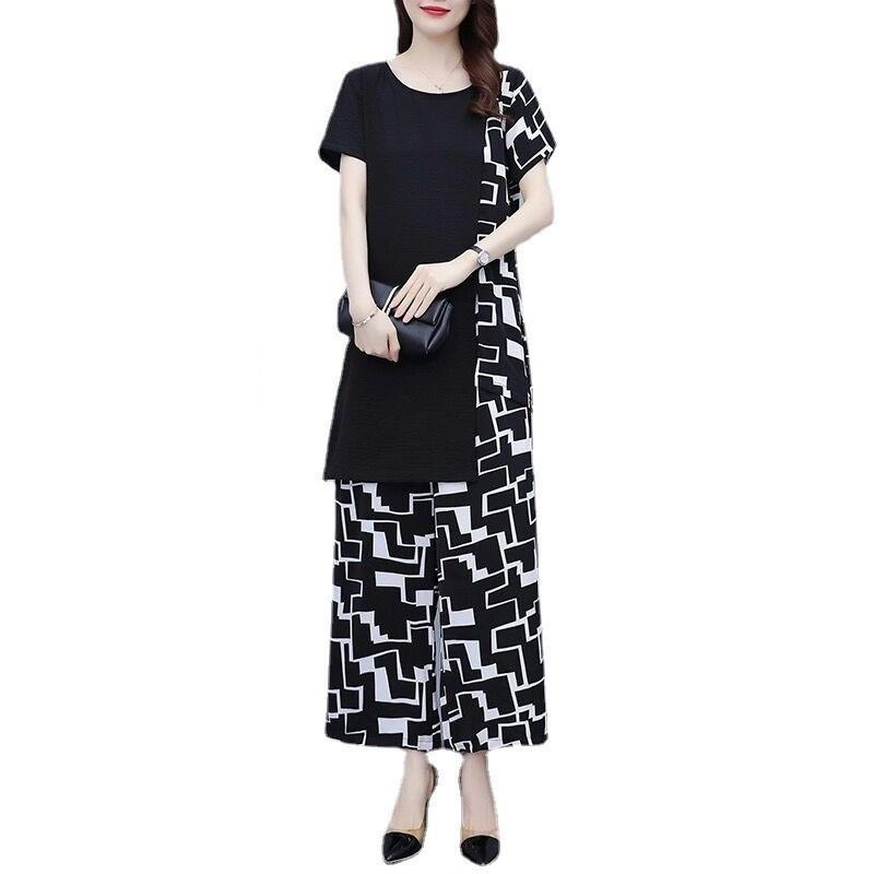 Suit Women's Office Clothing Short-sleeved Loose Wide-leg Pants Large Size Two-piece Set